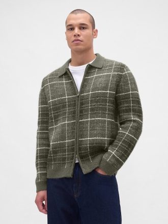 Maglione con zip a quadri spazzolati