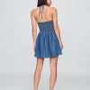 Mini abito con pieghe in denim e collo all’americana
