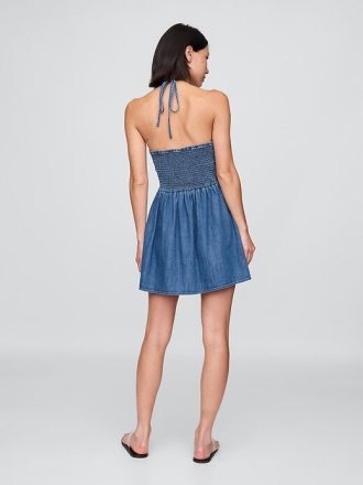Mini abito con pieghe in denim e collo all’americana