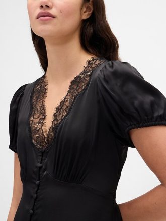 Mini abito con scollo a V e pizzo satinato