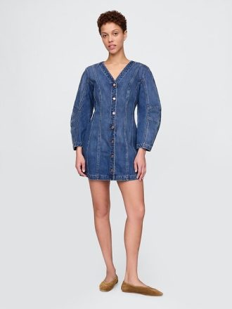 Mini abito in denim con maniche a botte