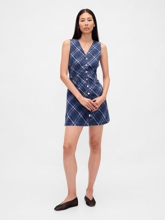 Mini abito in denim scozzese con scollo a V