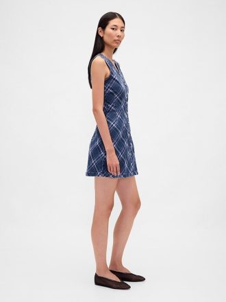 Mini abito in denim scozzese con scollo a V