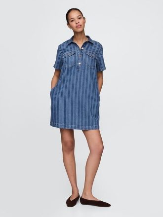 Mini abito popover a righe in denim ultrasoft