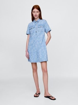 Mini abito popover floreale in denim ultra morbido