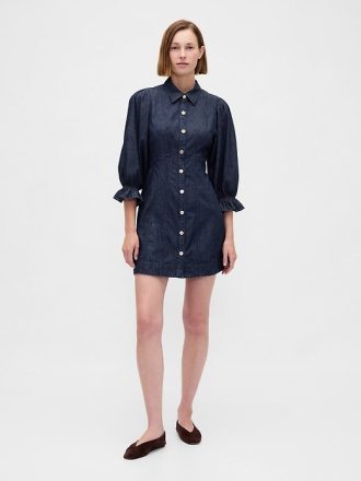 Miniabito in denim con maniche a sbuffo e cuciture