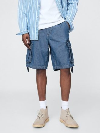 Pantaloncini cargo larghi in denim da 11″