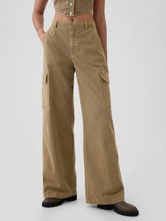 Pantaloni cargo larghi color cachi a vita media