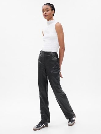 Pantaloni larghi in pelle vegana a vita media