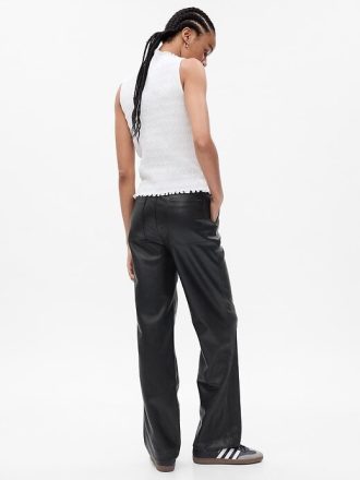 Pantaloni larghi in pelle vegana a vita media