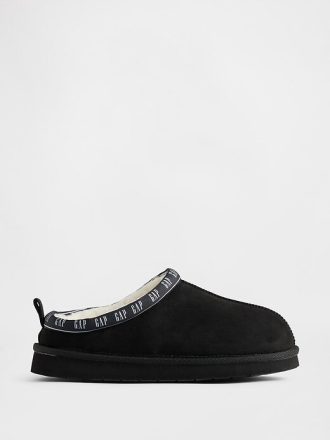 Pantofole per bambini in pelle scamosciata vegana con logo e fodera in sherpa