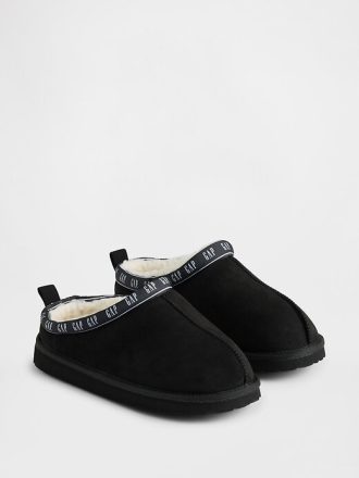 Pantofole per bambini in pelle scamosciata vegana con logo e fodera in sherpa