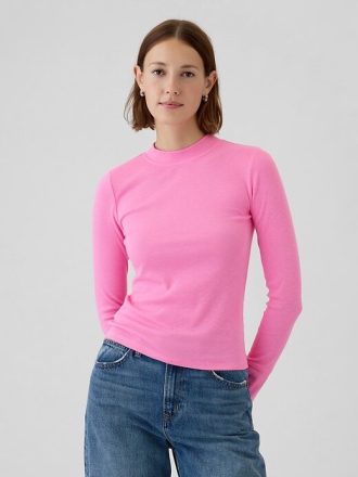 T-shirt a collo alto con costine essenziali