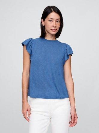 T-shirt con maniche a palloncino in misto lino