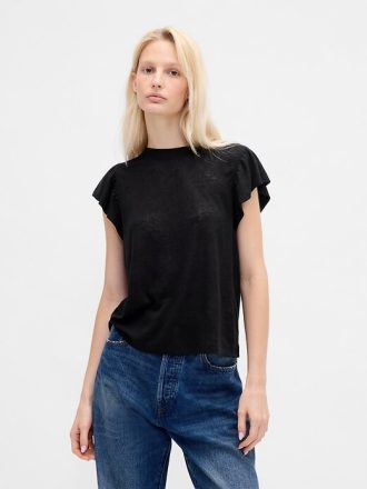 T-shirt con maniche a palloncino in misto lino