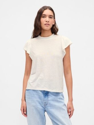 T-shirt con maniche a palloncino in misto lino
