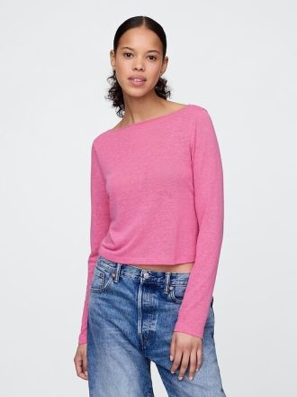 T-shirt corta con scollo a barca in misto lino
