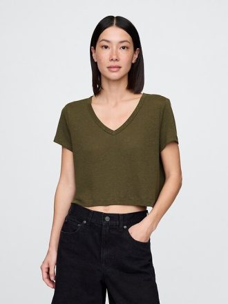 T-shirt corta con scollo a V in misto lino