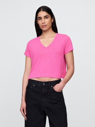 T-shirt corta con scollo a V in misto lino