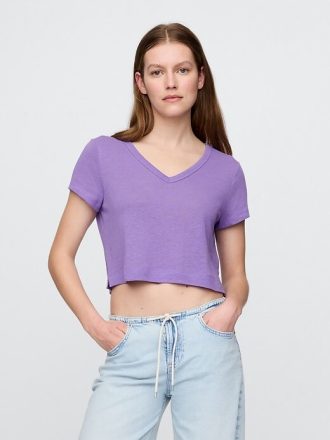 T-shirt corta con scollo a V in misto lino