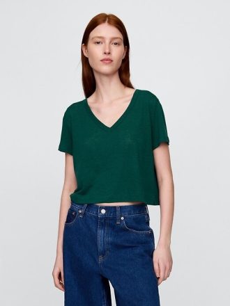 T-shirt corta con scollo a V in misto lino