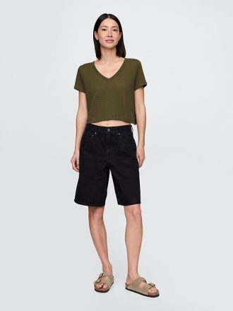 T-shirt corta con scollo a V in misto lino