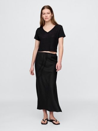 T-shirt corta con scollo a V in misto lino