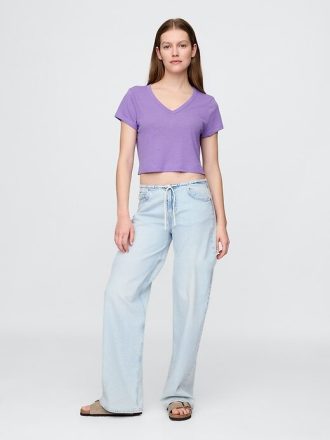 T-shirt corta con scollo a V in misto lino