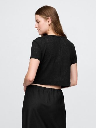 T-shirt corta con scollo a V in misto lino