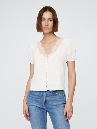 Top con scollo a V in pizzo misto lino