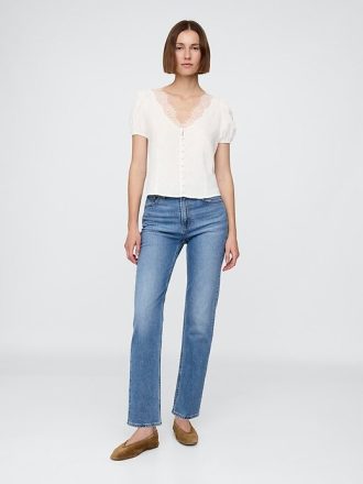 Top con scollo a V in pizzo misto lino