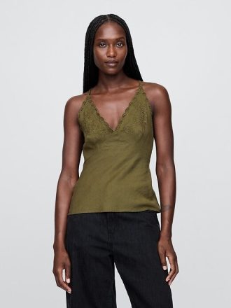 Top con scollo all’americana ricamato in misto lino