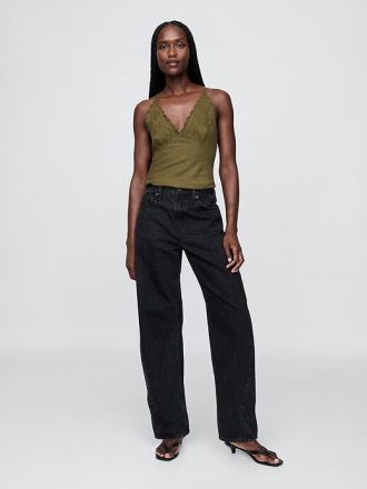 Top con scollo all’americana ricamato in misto lino