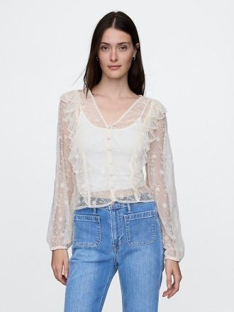 Top con volant in pizzo riciclato
