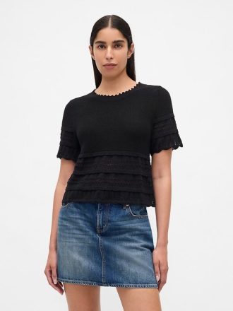Top corto in maglia traforata in misto lino