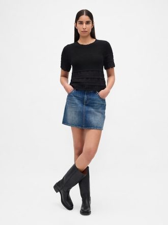 Top corto in maglia traforata in misto lino