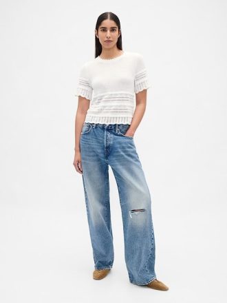 Top corto in maglia traforata in misto lino