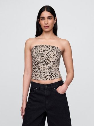 Top corto senza spalline in misto lino con corsetto