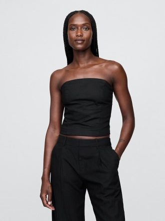 Top corto senza spalline in misto lino con corsetto
