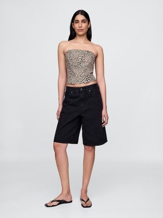 Top corto senza spalline in misto lino con corsetto