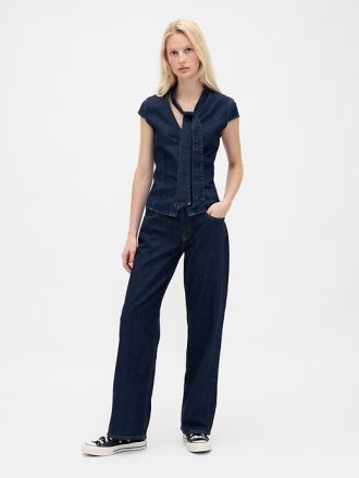 Top in denim con laccetto al collo