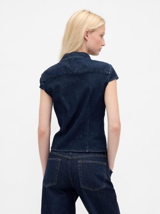 Top in denim con laccetto al collo