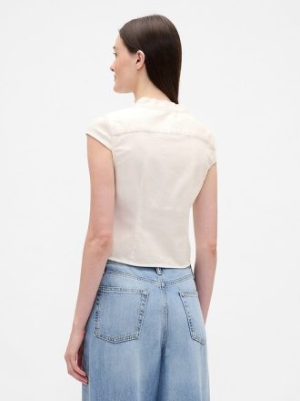 Top in denim con laccetto al collo