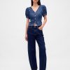 Top in denim con maniche a sbuffo e cuciture Top in denim con maniche a sbuffo e cuciture