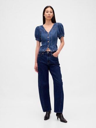 Top in denim con maniche a sbuffo e cuciture