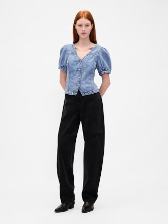 Top in denim con maniche a sbuffo e cuciture