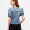 Top in denim con maniche a sbuffo e cuciture Top in denim con maniche a sbuffo e cuciture