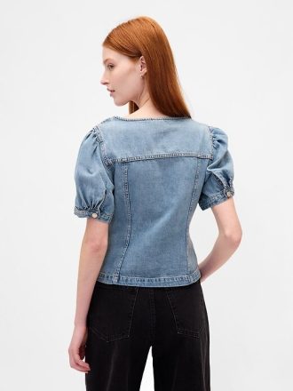 Top in denim con maniche a sbuffo e cuciture