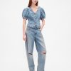 Top in denim con maniche a sbuffo e cuciture Top in denim con maniche a sbuffo e cuciture