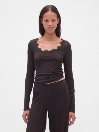 Top pigiama con mini coste e pizzo